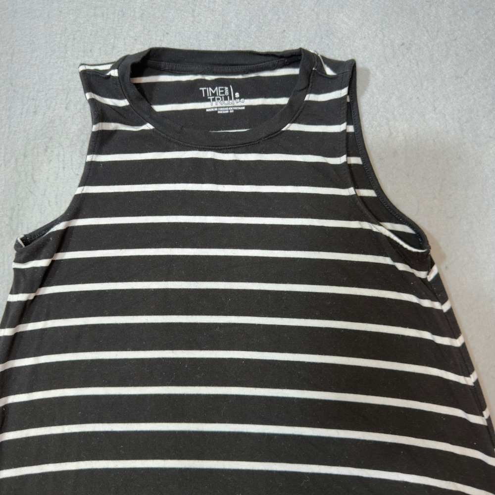 Time and Tru Swing Dress Women S Black White Striped Sleeveless Pocket Excellent